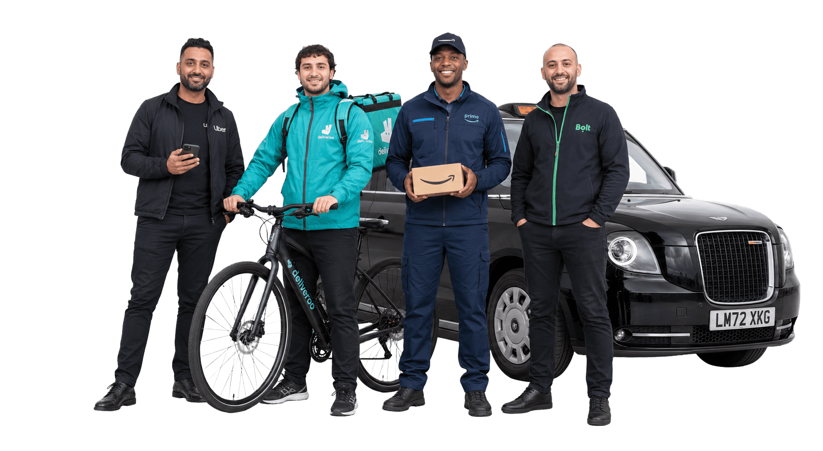 Uber, Deliveroo, Amazon Prime and Bolt gig workers standing in front of a taxi.