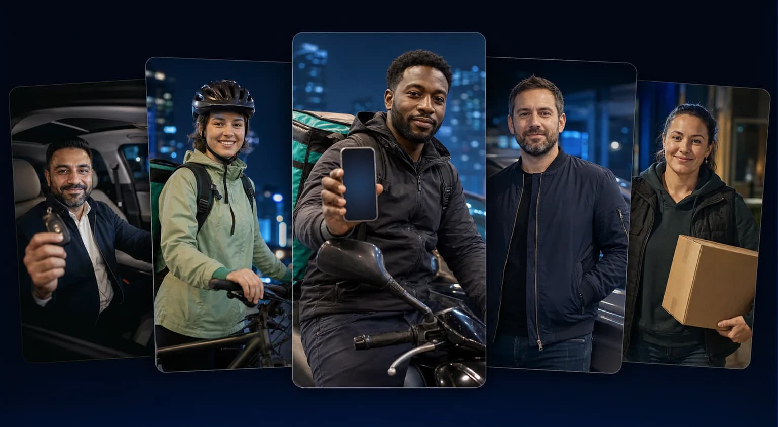 Uber, Deliveroo, Amazon Prime and Bolt gig workers standing in front of a taxi.