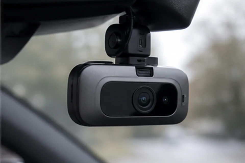 Dash camera installed behind a vehicle windscreen