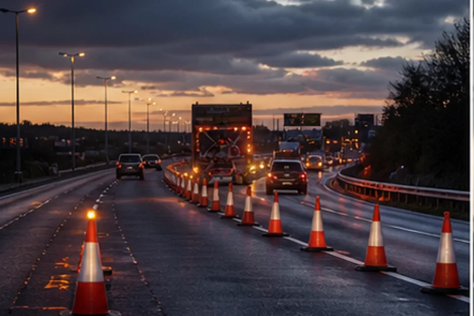 UK motorway roadworks at dusk