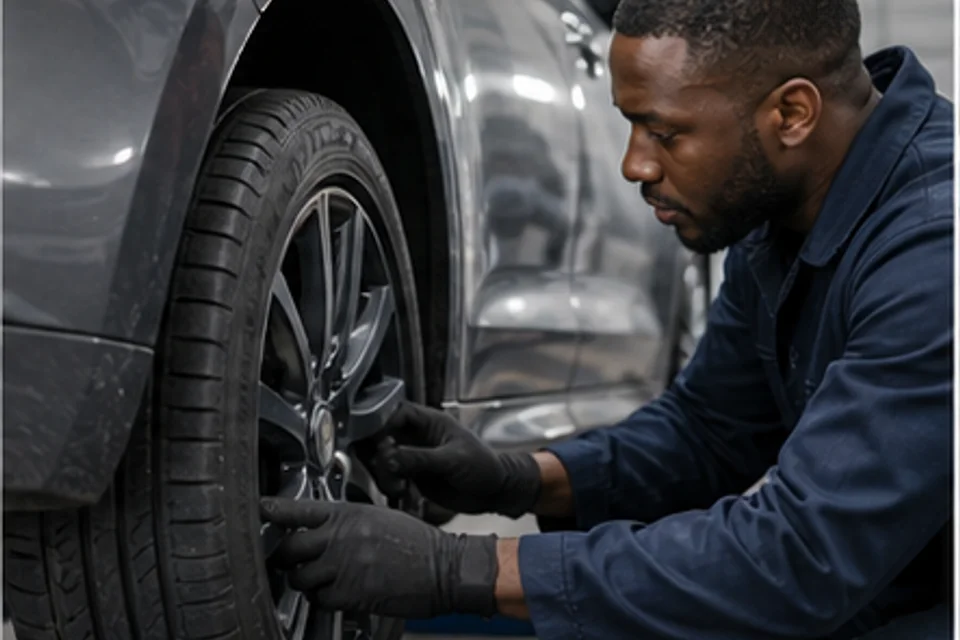 Technician checking the tyre of a working vehicle